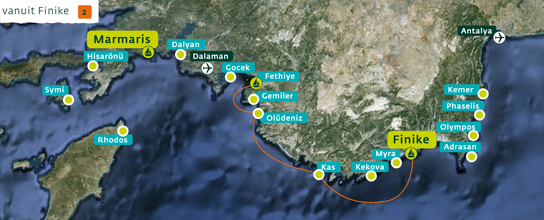 Vaaroute kaart 2 lycische kust zuid-noord